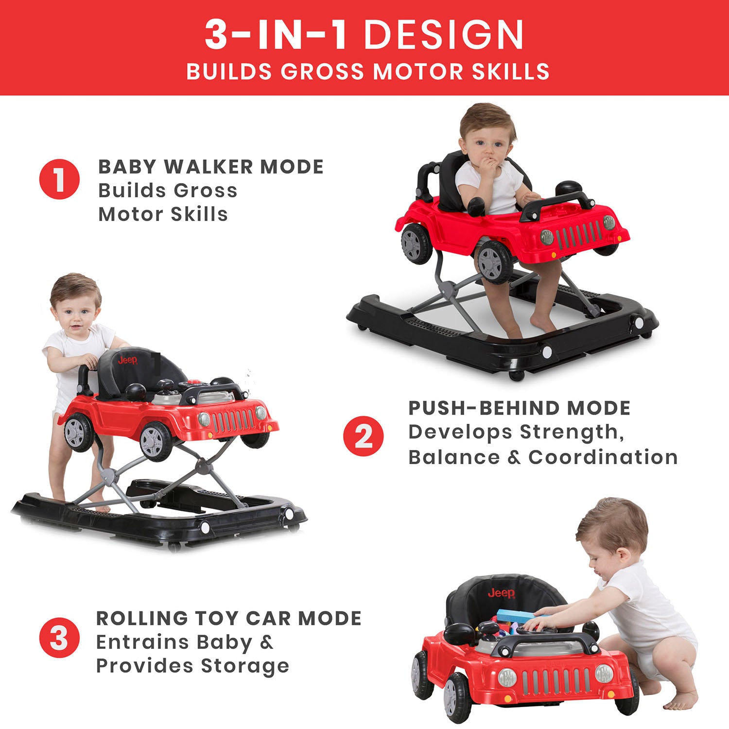 Jeep Classic Wrangler 3-in-1 Grow with Me Walker (Choose Your Color)