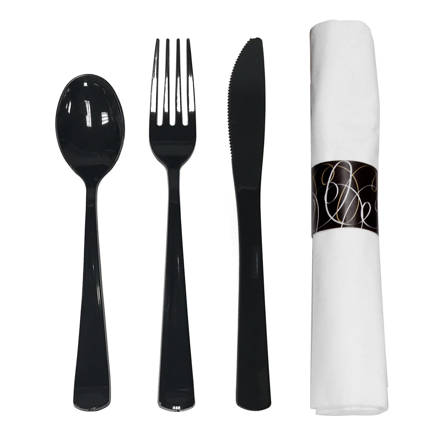Party Essentials Napkin Roll Bag Set with Black Cutlery (4 - 25 ct. packs, 100 total)