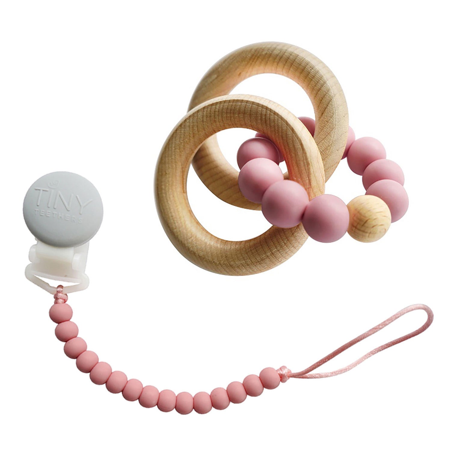 Tiny Teethers Designs Silicone and Beech Teething Rattle and Pacifier Clip (Choose Your Color)