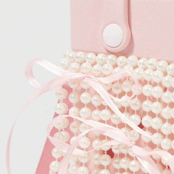 Women's Waterproof EVA Faux Pearl Chain Handbag Women's Pink Ribbon Bow Accent