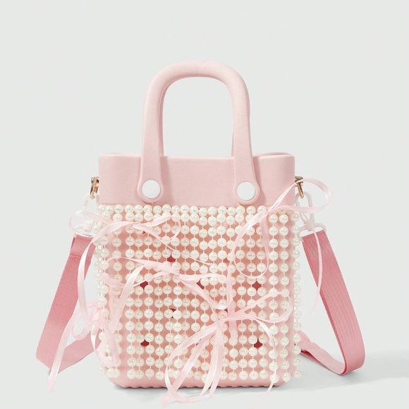 Women's Waterproof EVA Faux Pearl Chain Handbag Women's Pink Ribbon Bow Accent