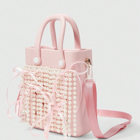 Women's Waterproof EVA Faux Pearl Chain Handbag Women's Pink Ribbon Bow Accent