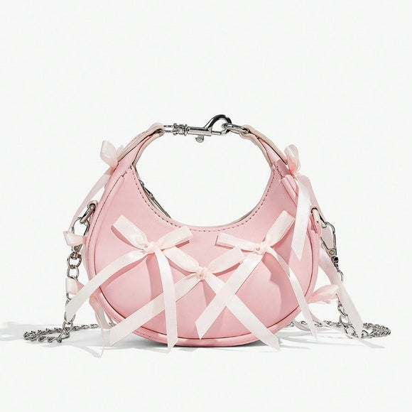 Pink Bowknot Top Handle Crossbody Bag – Lace-Up Ballet Style Y2K Retro Teen