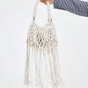 Fairycore Woven Tote Bag - Striped Beige Shell Decor Mini Top Handle Novelty Bag