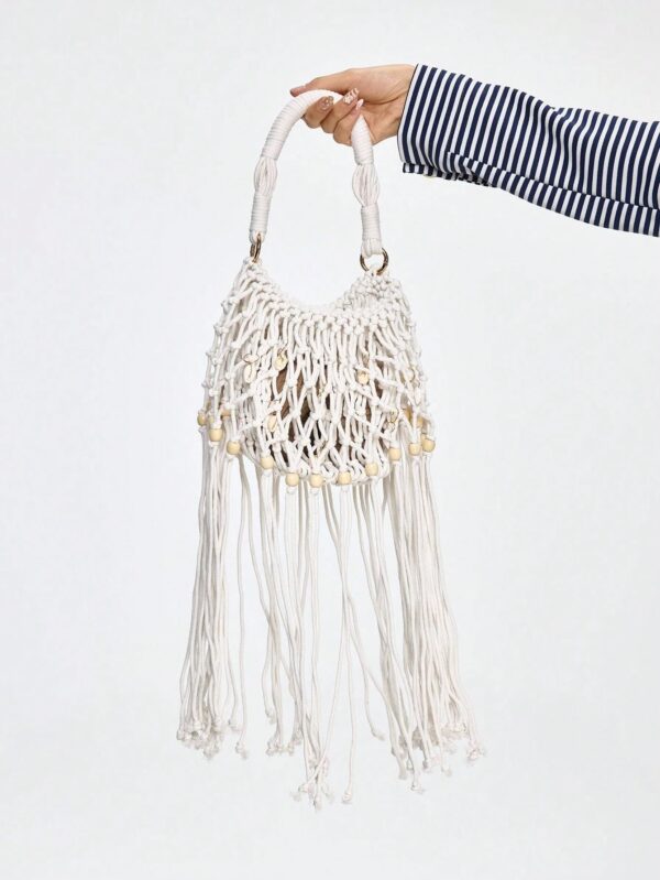 Fairycore Woven Tote Bag - Striped Beige Shell Decor Mini Top Handle Novelty Bag