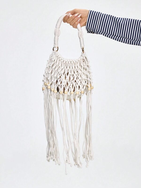 Fairycore Woven Tote Bag - Striped Beige Shell Decor Mini Top Handle Novelty Bag