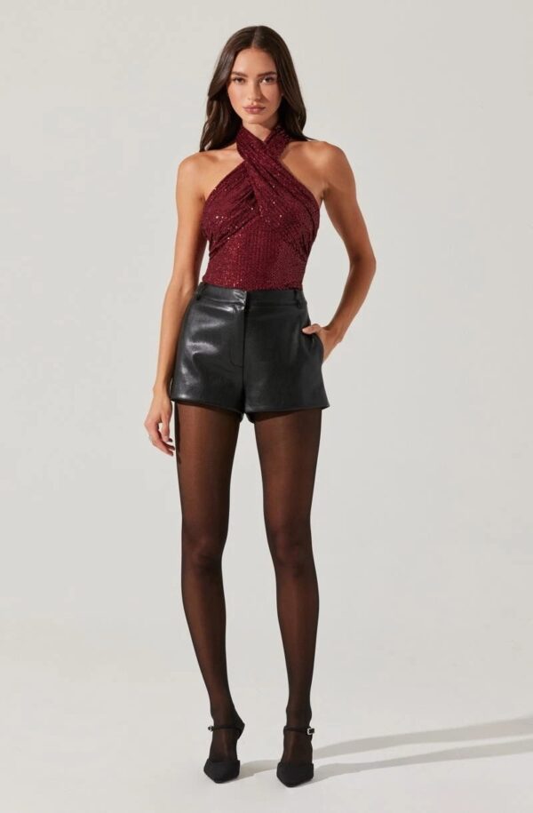 ASTR Wine Sequin Halter Top Small Crossover Neck Sparkly Party Top