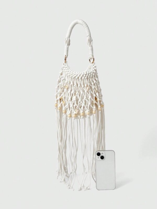 Fairycore Woven Tote Bag - Striped Beige Shell Decor Mini Top Handle Novelty Bag