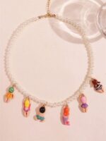Colorful Y2K Beaded Pearl Necklace - Quirky Cartoon Character Pendant Jewelry