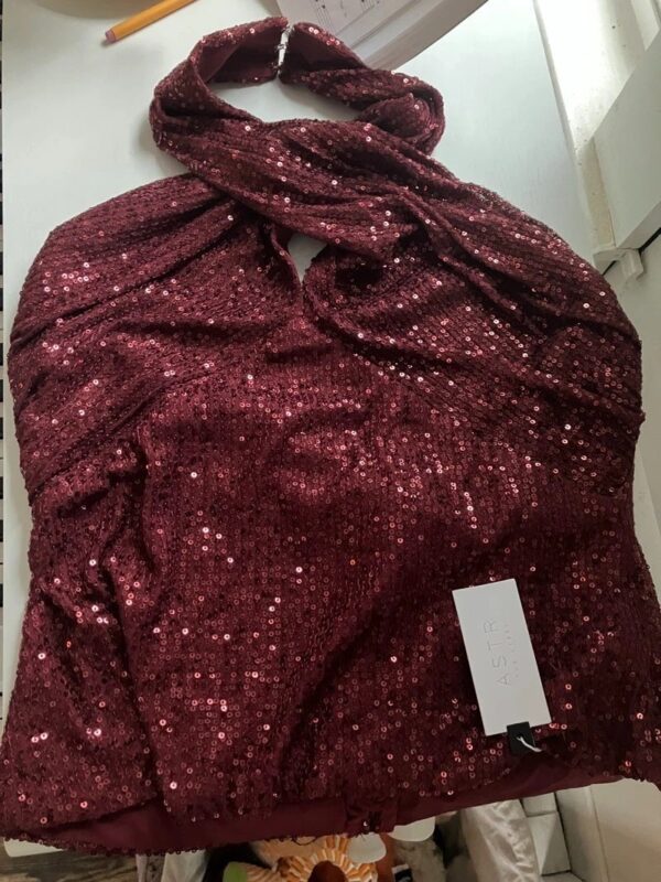 ASTR Wine Sequin Halter Top Small Crossover Neck Sparkly Party Top