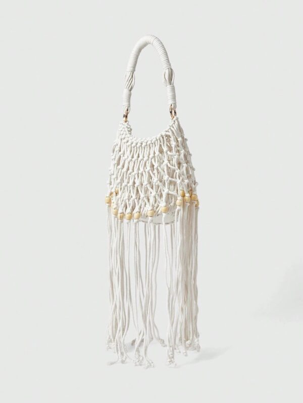 Fairycore Woven Tote Bag - Striped Beige Shell Decor Mini Top Handle Novelty Bag