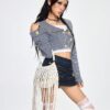 Fairycore Woven Tote Bag - Striped Beige Shell Decor Mini Top Handle Novelty Bag