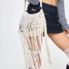 Fairycore Woven Tote Bag - Striped Beige Shell Decor Mini Top Handle Novelty Bag
