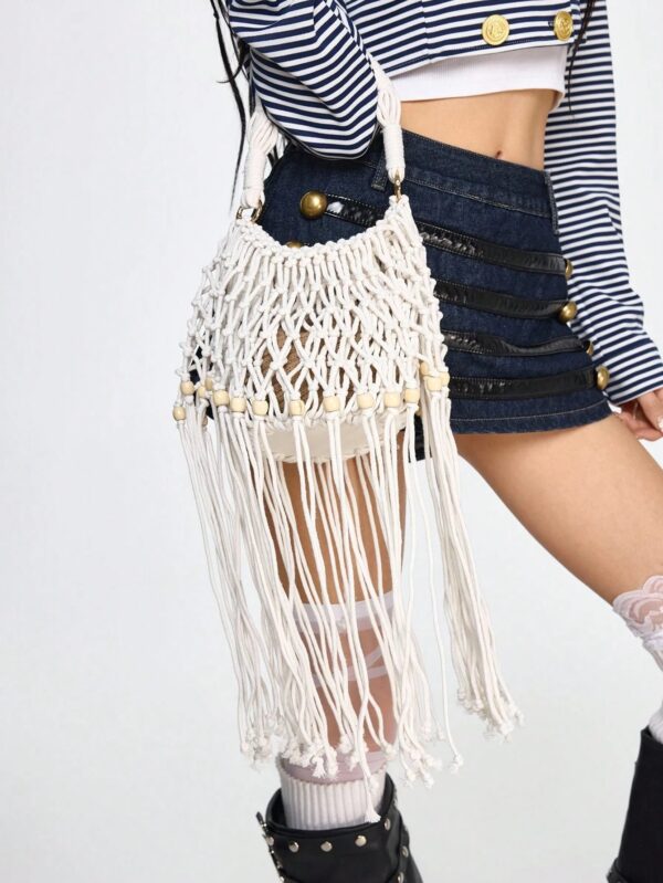 Fairycore Woven Tote Bag - Striped Beige Shell Decor Mini Top Handle Novelty Bag