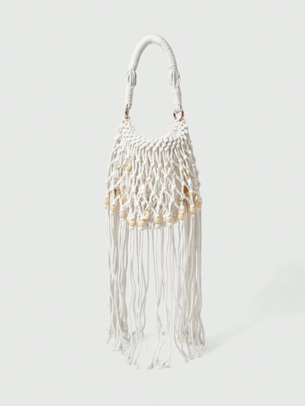Fairycore Woven Tote Bag - Striped Beige Shell Decor Mini Top Handle Novelty Bag