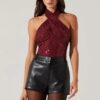 ASTR Wine Sequin Halter Top Small Crossover Neck Sparkly Party Top