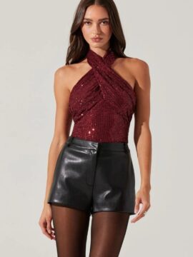 ASTR Wine Sequin Halter Top Small Crossover Neck Sparkly Party Top