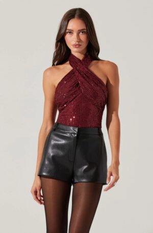 y8w1f2 ASTR Wine Sequin Halter Top Small Crossover Neck Sparkly Party Top