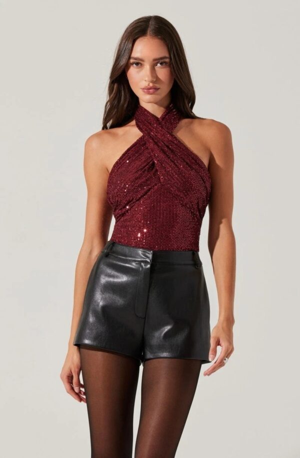 ASTR Wine Sequin Halter Top Small Crossover Neck Sparkly Party Top