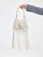 🐚🤍 Fairycore Woven Tote Bag – Striped Beige Shell Decor Mini Top Handle Bag