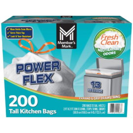 0febc06f-a273-477f-a42f-60a7f9945a14.03718acdbecc073142d9829c58275c5a.jpeg Member's Mark Power Flex 13-Gallon Tall Kitchen Trash Bags, Fresh Scent – 200 Count