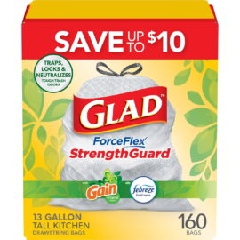 Glad® ForceFlex Tall Kitchen Drawstring Trash Bags, Gain Original scent with Febreze Freshness, 13 Gallon – 160 Count