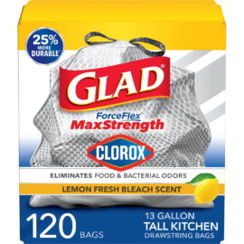Glad ForceFlex MaxStrength with Clorox Tall Kitchen Drawstring Trash Bags, Lemon Fresh Scent, 13 Gallon – 120 Count