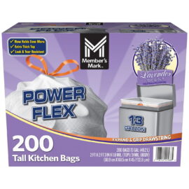 28bd0893-bc76-4155-8eb4-d3495c90829f.4300f6335a81f5dbedd8859c46d3149f.jpeg Member's Mark Power Flex 13-Gallon Tall Kitchen Trash Bags, Lavender – 200 Count