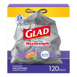 Glad ForceFlex MaxStrength Tall Kitchen Drawstring Trash Bags, Gain Lavender with Febreze Freshness, 13 Gallon – 120 Count