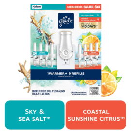 Glade PlugIns Scented Oil, Sky & Sea Salt with Coastal Sunshine Citrus, 1 Warmer + 9 Refills