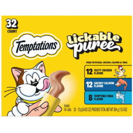 47baca11-316c-4d1c-aef6-8b149ab49018.a87798a65c1b3d85e05f0444228356a6.jpeg Temptations Lickable Puree Adult Variety Chicken, Salmon, and Tuna Cat Treats – 32 Count 0.4 oz Pouches