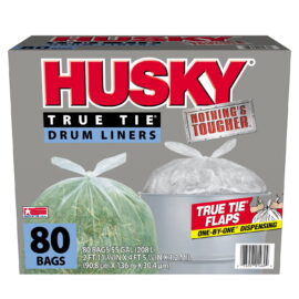 6fb1a385-c439-4fc6-bb96-fc23d1408adb.61da8cc5406b14736b49353fb6e134a3.jpeg Husky 55-Gallon Clear Flap Tie Drum Liner Trash Bags (80 Count)