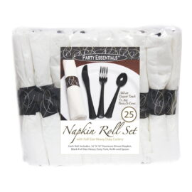Party Essentials Napkin Roll Bag Set with Black Cutlery (4 - 25 Count packs, 100 total)