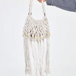 🐚🤍 Fairycore Woven Tote Bag – Striped Beige Shell Decor Mini Top Handle Bag