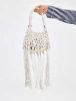 🐚🤍 Fairycore Woven Tote Bag – Striped Beige Shell Decor Mini Top Handle Bag
