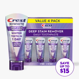 Crest 3D White Deep Stain Remover Whitening Toothpaste – 2.1 oz, 4 Pack