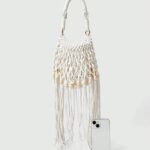 🐚🤍 Fairycore Woven Tote Bag – Striped Beige Shell Decor Mini Top Handle Bag
