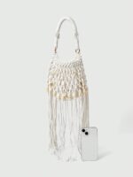 🐚🤍 Fairycore Woven Tote Bag – Striped Beige Shell Decor Mini Top Handle Bag
