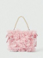 🎀💖 Pink Mesh Bow & Faux Pearl Chain Handbag