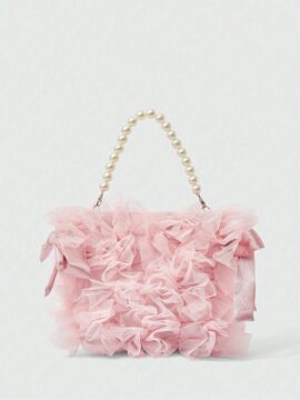 🎀💖 Pink Mesh Bow & Faux Pearl Chain Handbag