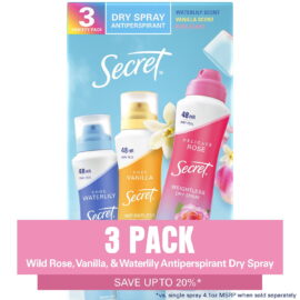 d769a727-8804-4ce8-bb2b-75ba900c9cd5.f0351a7e7995b3fd1347b12038d042c4.jpeg Secret Dry Spray Women's Antiperspirant Deodorant, Vanilla, Wild Rose & Waterlily – 4.1 oz, 3 Pack