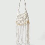 🐚🤍 Fairycore Woven Tote Bag – Striped Beige Shell Decor Mini Top Handle Bag