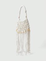 🐚🤍 Fairycore Woven Tote Bag – Striped Beige Shell Decor Mini Top Handle Bag