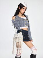 🐚🤍 Fairycore Woven Tote Bag – Striped Beige Shell Decor Mini Top Handle Bag