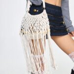 🐚🤍 Fairycore Woven Tote Bag – Striped Beige Shell Decor Mini Top Handle Bag