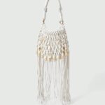 🐚🤍 Fairycore Woven Tote Bag – Striped Beige Shell Decor Mini Top Handle Bag