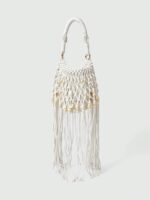 🐚🤍 Fairycore Woven Tote Bag – Striped Beige Shell Decor Mini Top Handle Bag