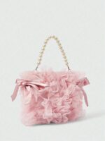 🎀💖 Pink Mesh Bow & Faux Pearl Chain Handbag