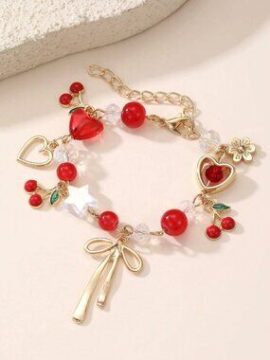 🍒 Cherry Heart Bow Charm Bracelet Gold Tone Cute Coquette