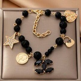 Black Crystal Star Coin Charm Bracelet